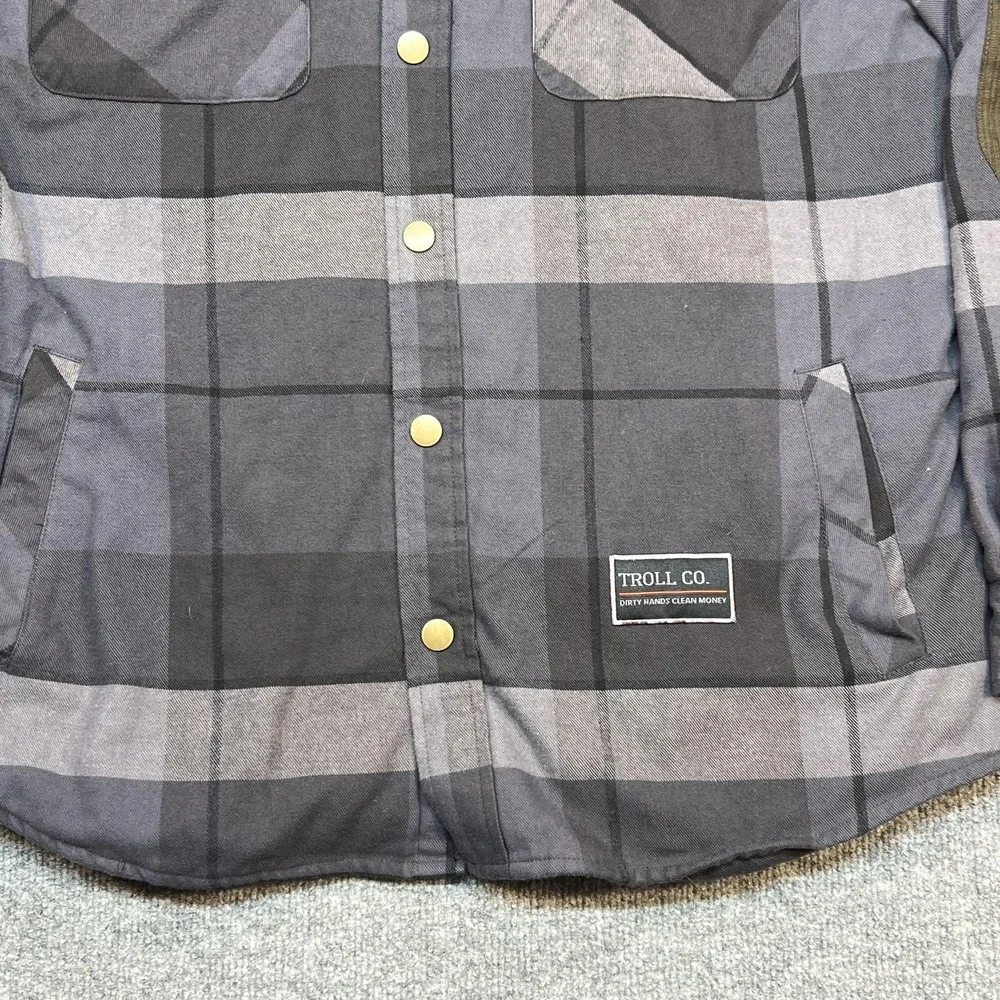 Troll Co Jacket Mens Large Gray Plaid Flannel Hooded Sherpa Lined Parka Snap